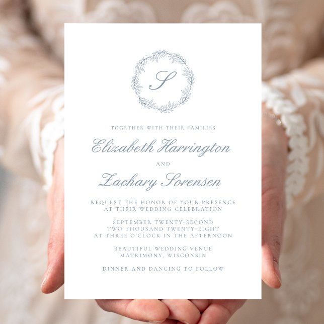 Invitation Monogramme Couronne Bleu Poussiéreux Classique Scr (Créateur téléchargé)