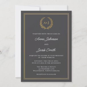 Invitation Monogramme Couronne de Laurier Gris Classique Phot