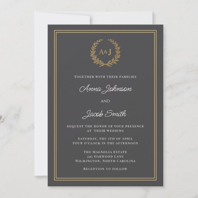 Invitation Monogramme Couronne de Laurier Gris Classique Phot (Devant)