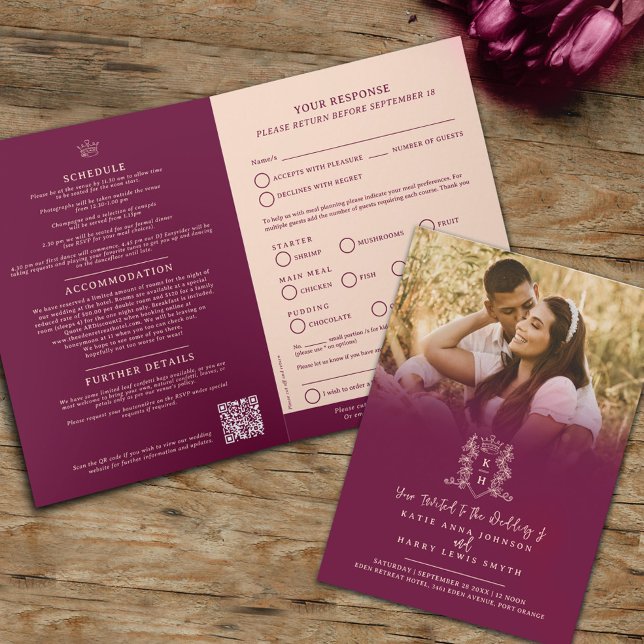 Invitation Monogramme couronne rouge foncé option repas maria (Créateur téléchargé)