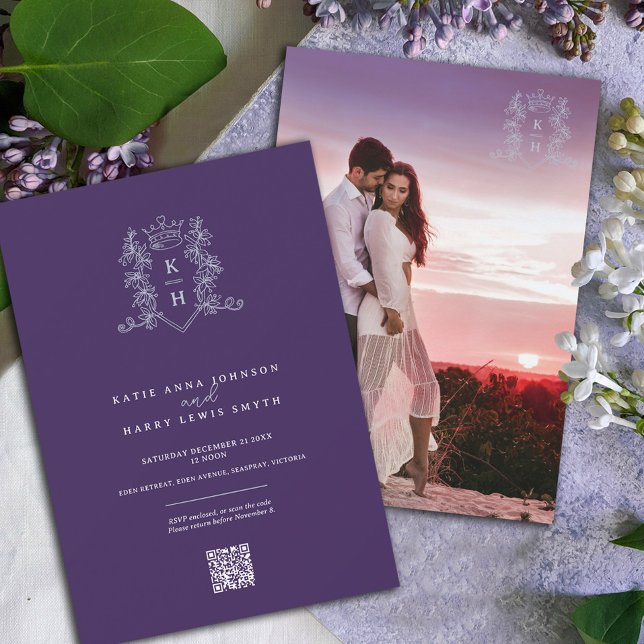 Invitation Monogramme couronne violet argent mariage QR code (Créateur téléchargé)