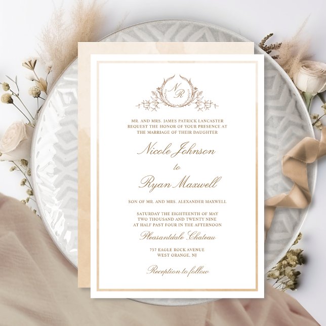 Invitation Monogramme Crème beige Aquarelle Mariage officiel (Créateur téléchargé)