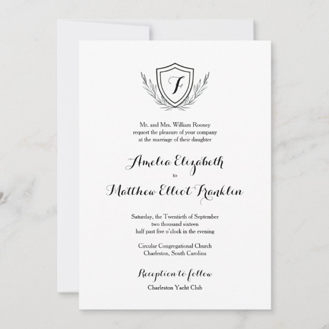 Invitation Monogramme Crest Classic Elegant Wedding Invitatio (Devant)