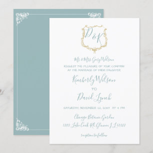 Invitation Monogramme Crest Gold Dusty bleu Mariage