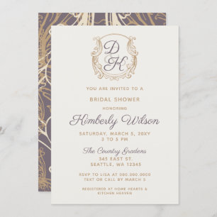 Invitation Monogramme Crest Gold Vintage Purple Fête des mari