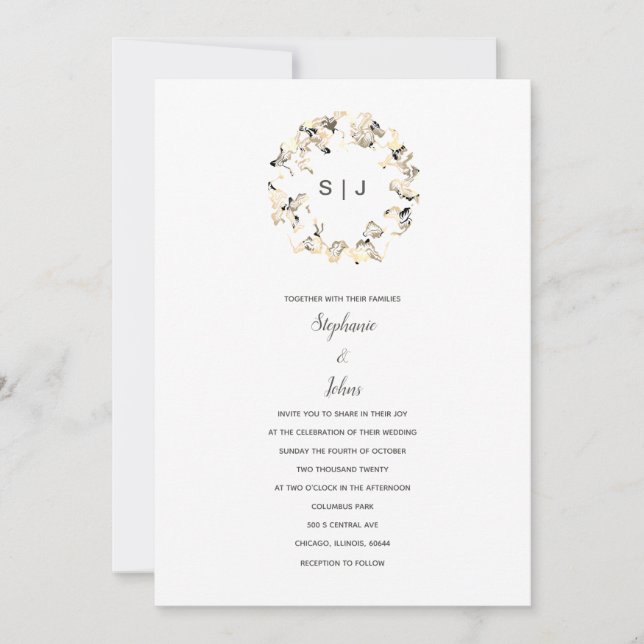 Invitation Monogramme Crest Grey Blanc Boho Simple Mariage (Devant)