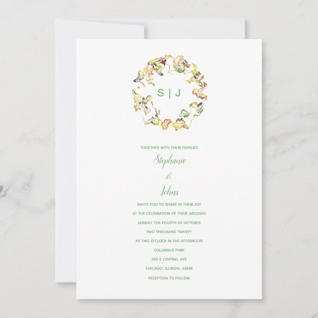Invitation Monogramme Crest Jaune Vert Blanc Boho Mariage (Devant)