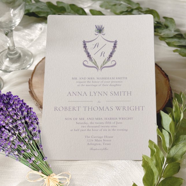 Invitation Monogramme Crest Lavender Élégant Mariage Invitati (Créateur téléchargé)