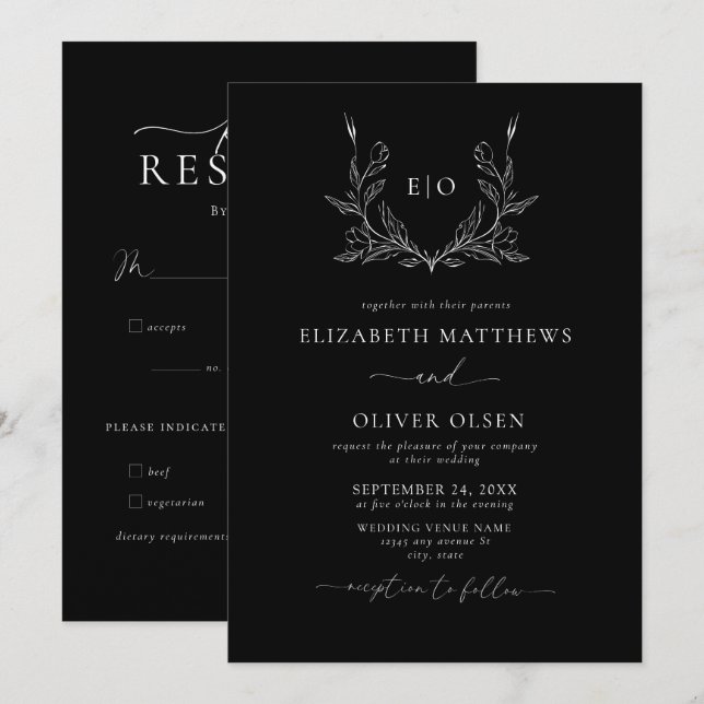Invitation Monogramme Crest | Mariage minimaliste moderne (Devant / Derrière)