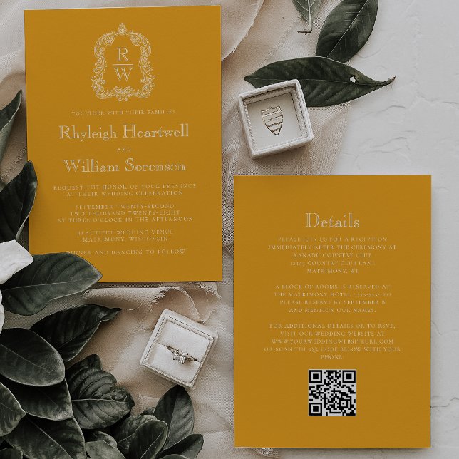 Invitation Monogramme Crest Marigold Jaune QR Code Mariage (Créateur téléchargé)