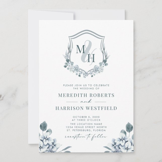 Invitation Monogramme Crest QR Code Dusty Blue Floral Mariage (Devant)