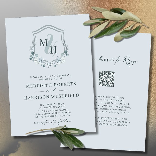 Invitation Monogramme Crest QR Code RSVP Dusty Mariage bleu (Double Sided Wedding Invitation Elegant Monogram Crest QR Code Dusty Blue)