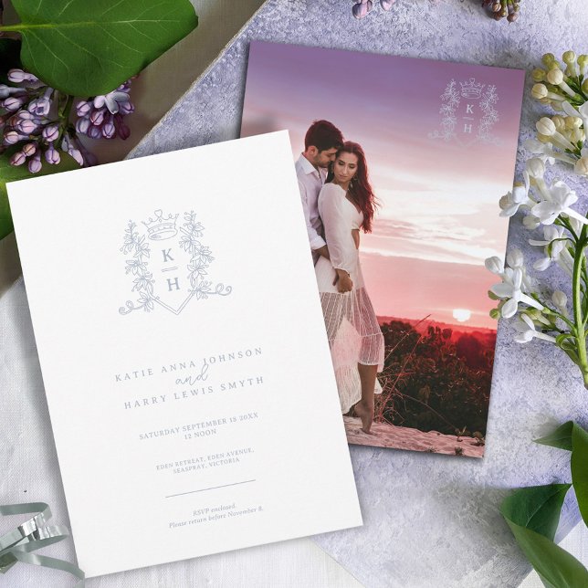 Invitation Monogramme crête couronne coeur blanc argent maria (Créateur téléchargé)