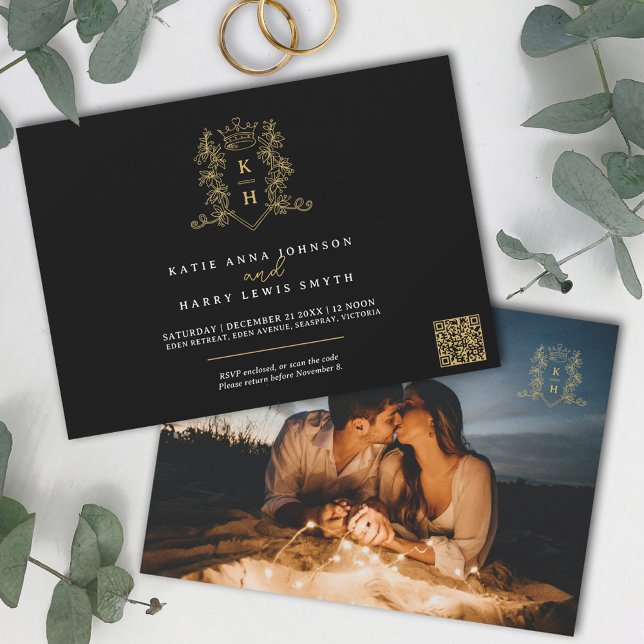 Invitation Monogramme crête couronne coeur noir or mariage (Créateur téléchargé)