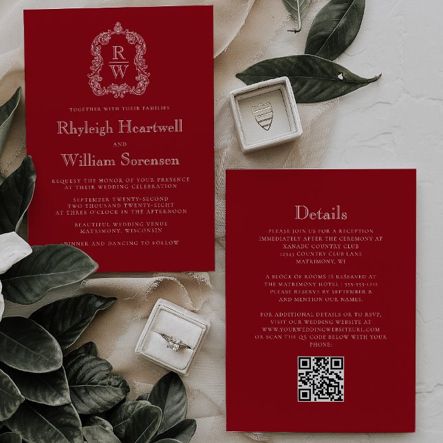 Invitation Monogramme Crête Rouge Canneberge Code QR Mariage (Créateur téléchargé)