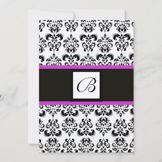 Invitation MONOGRAMME DAMAS, noir et blanc, rose violet or (Devant)