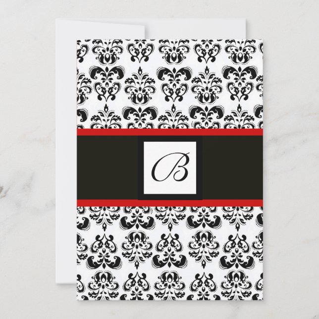 Invitation MONOGRAMME DAMAS, noir et blanc, rouge (Devant)