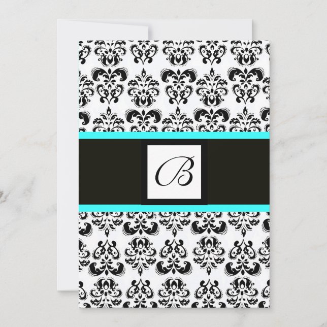 Invitation MONOGRAMME DAMAS, noir et blanc, turquoise bleu (Devant)