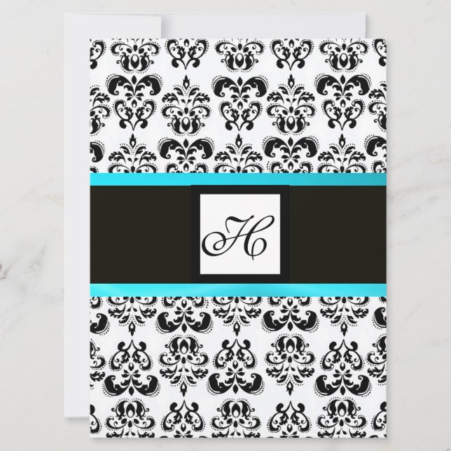 Invitation MONOGRAMME DAMAS, noir et blanc, turquoise bleu (Devant)
