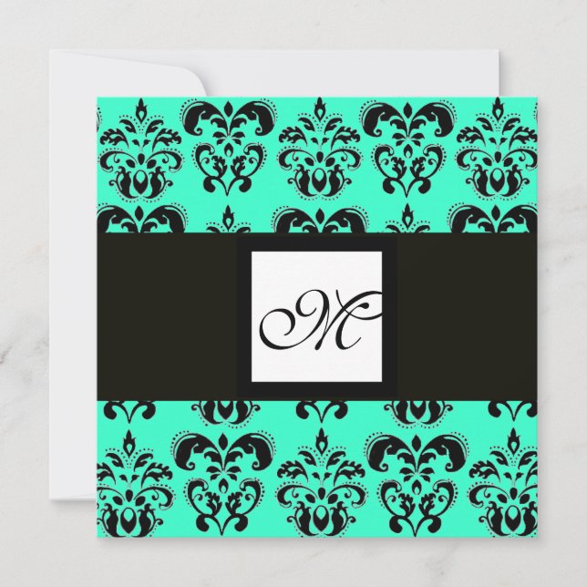Invitation MONOGRAMME DAMAS, noir et blanc, turquoise bleu (Devant)
