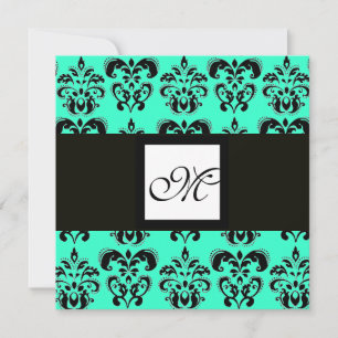 Invitation MONOGRAMME DAMAS, noir et blanc, turquoise bleu
