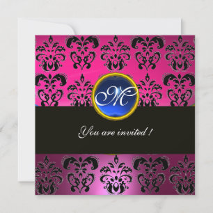 Invitation MONOGRAMME DAMAS NOIR FUCHSIA ROSE, saphir bleu
