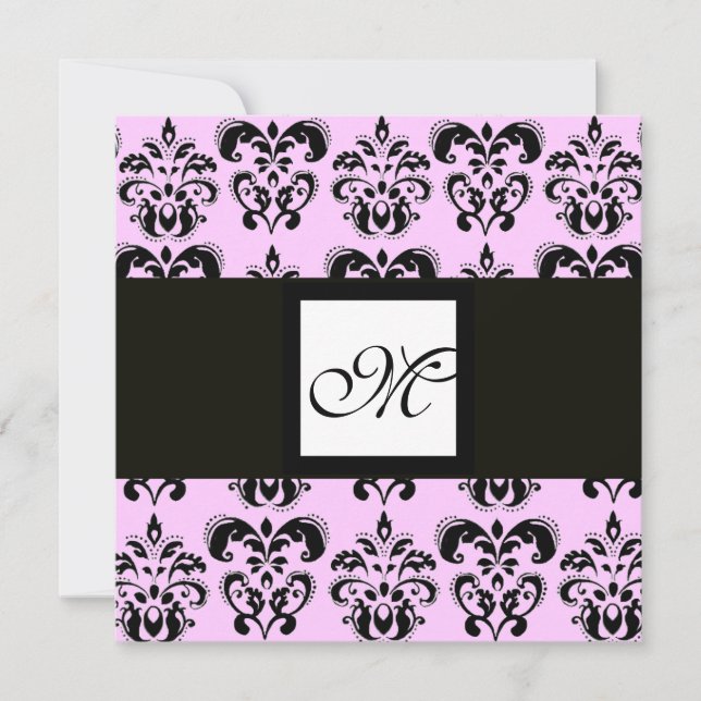 Invitation MONOGRAMME DAMASK, noir et blanc, rose (Devant)
