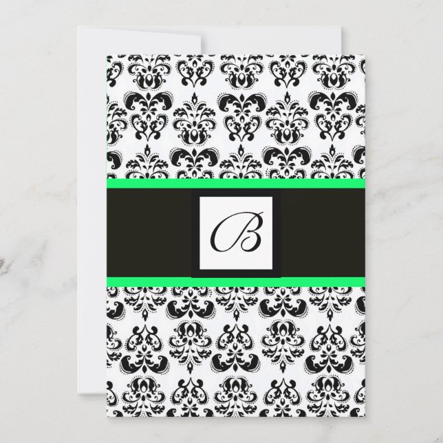 Invitation MONOGRAMME DAMASK, noir et blanc, vert (Devant)
