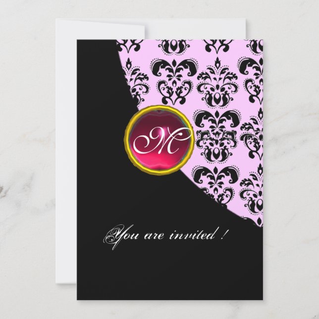 Invitation MONOGRAMME DAMASSÉ NOIR ET BLANC,rouge rubis,fuchs (Devant)