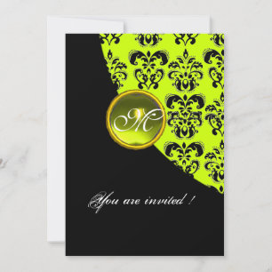 Invitation MONOGRAMME DAMASSÉ NOIR ET JAUNE, topaze verte