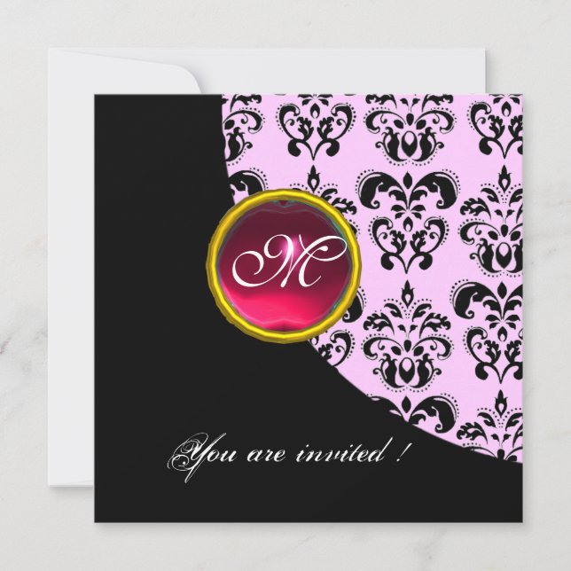 Invitation MONOGRAMME DAMASSÉ NOIR ET ROSE,rouge rubis, (Devant)