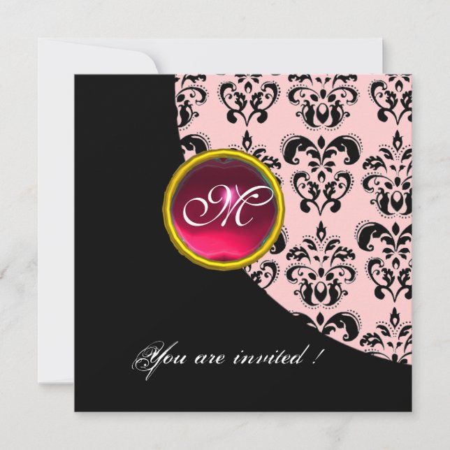 Invitation MONOGRAMME DAMASSÉ NOIR ET ROSE, rubis rouge, (Devant)