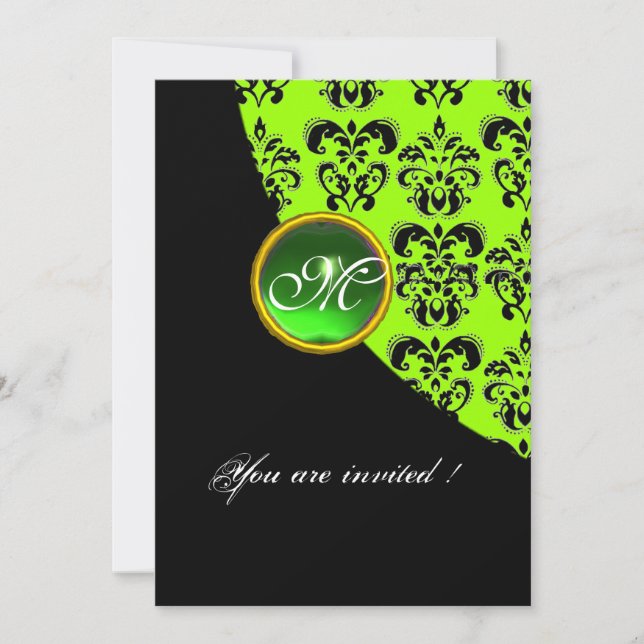Invitation MONOGRAMME DAMASSÉ NOIR ET VERT, émeraude (Devant)