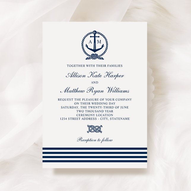 Invitation Monogramme d'ancre marine et rayures de mariage Na (Créateur téléchargé)