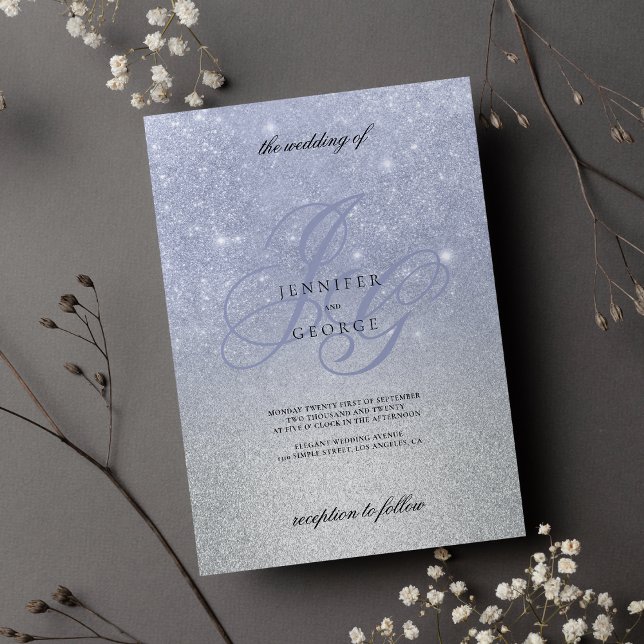 Invitation Monogramme d'argent bleu initial ombre parties sci (Blue silver monogram initial ombre glitter wedding)