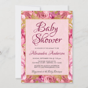 Invitation Monogramme de Baby shower floral rose vif