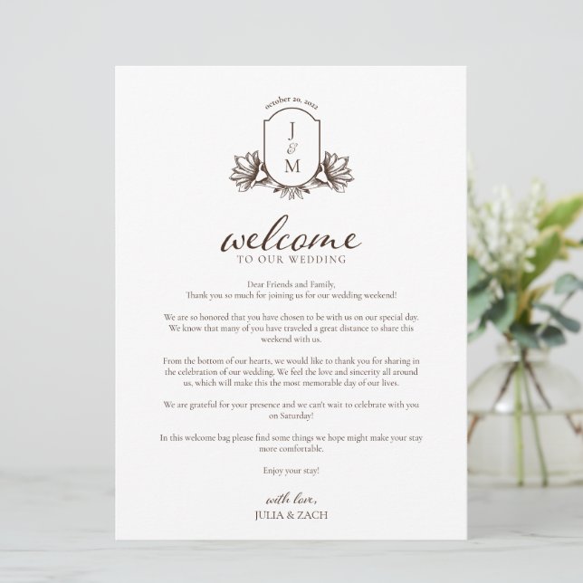 Invitation Monogramme de bienvenue/Itinéraire botanique vinta (Debout devant)