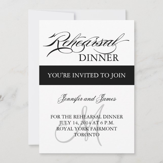 Invitation Monogramme de blanc de noir d'invitations de dîner (Devant)