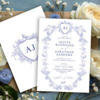Monogramme de blason classique bleu toile de Jouy