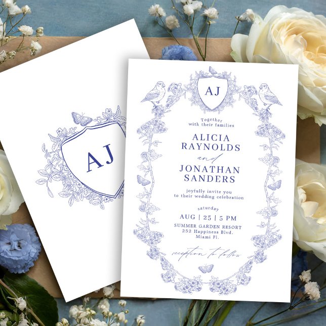 Invitation Monogramme de blason classique bleu toile de Jouy  (Créateur téléchargé)