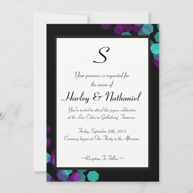Invitation Monogramme de Bokeh Turquoise et violet (Devant)