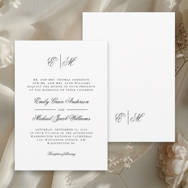 Invitation Monogramme de calligraphie Mariage noir et blanc (Available in both printed and digital download formats.)