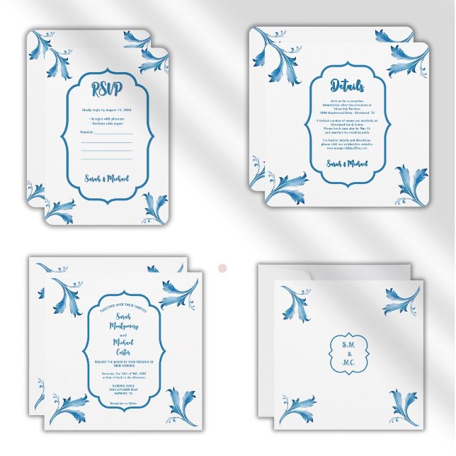 Invitation Monogramme de carreau floral bleu méditerranéen (indigo blue,azulejo tile,portuguese tiles,blue tile pattern,classic tile art,vintage tile design,)