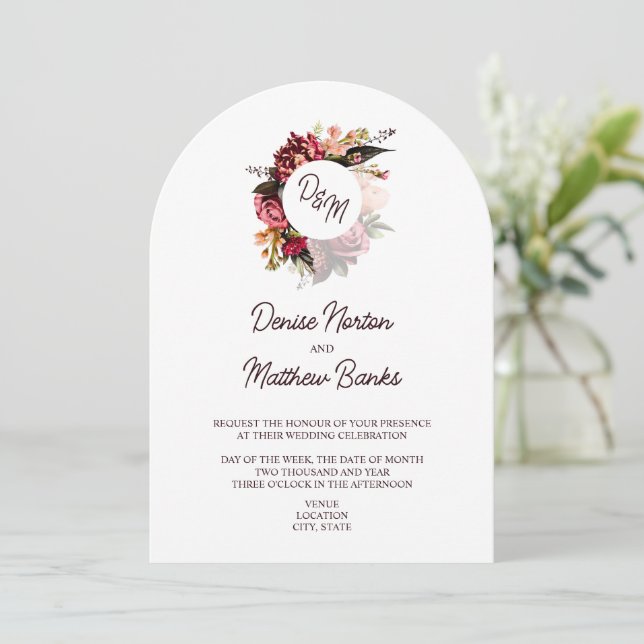 Invitation Monogramme de chrysanthème sur blanc pur (Debout devant)