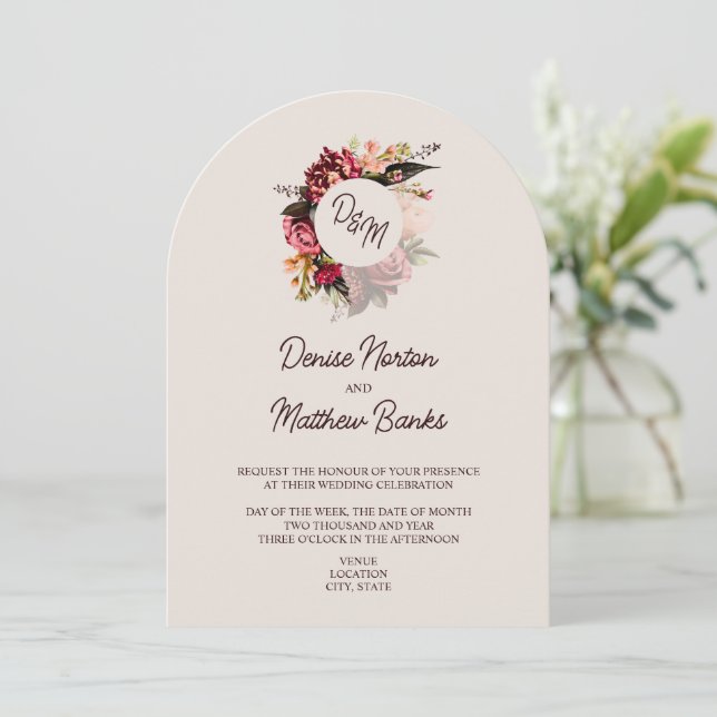 Invitation Monogramme de chrysanthème sur cameo beige (Debout devant)