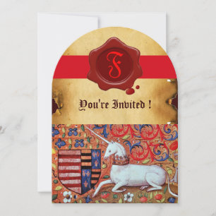 INVITATION MONOGRAMME DE CIRE ROUGE PARCHEMIN FLORAL LICORNE