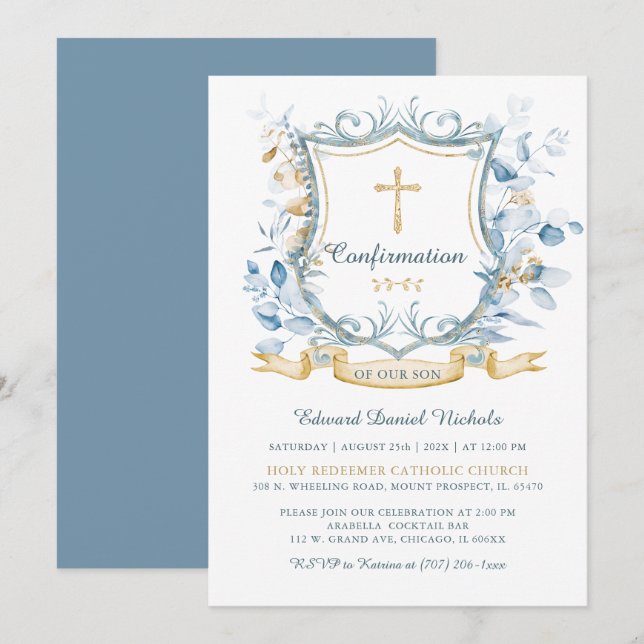 Invitation Monogramme de confirmation modifiable bleu et or (Devant / Derrière)