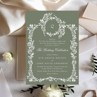 Invitation Monogramme de couronne classique Sage Vert Élégant