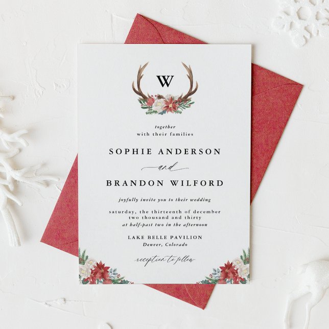Invitation Monogramme de couronne de Noël Antler Mariage hive (Watercolor Antler Wreath Monogram Christmas Wedding Invitation)