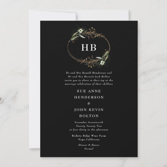 Invitation Monogramme de couronne d'eucalyptus noir d'or (Devant)